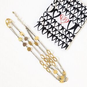 Brighton Silver Gold Tone Hearts Discs Rectangles Brutalist Long Necklace Pouch